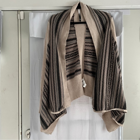 Kensie Brown Multicolor Boho Waterfall Draped Front Knit Cardigan Women Sz L EUC - Picture 2 of 5